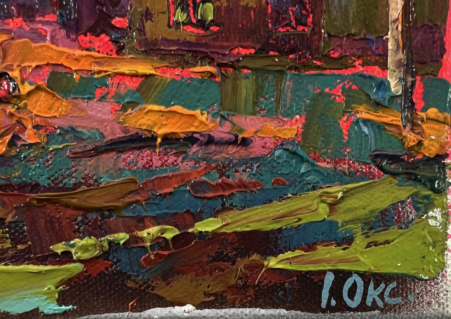 Vibrant oil painting Pink village evening by Oksana Ivanyuk with bold textured strokes