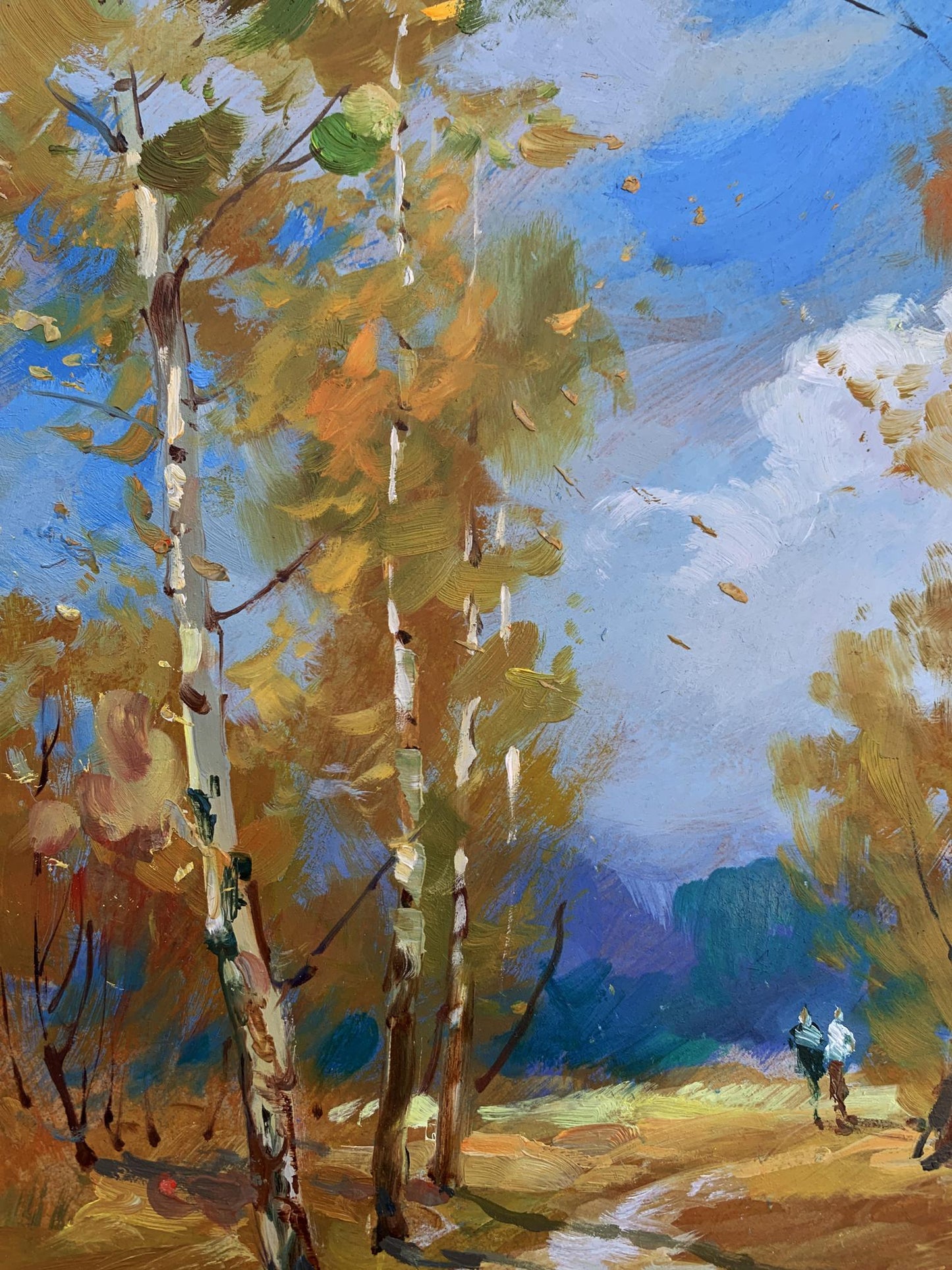 Oil painting of autumn birch trees with golden leaves by Yuriy Suprunchuk