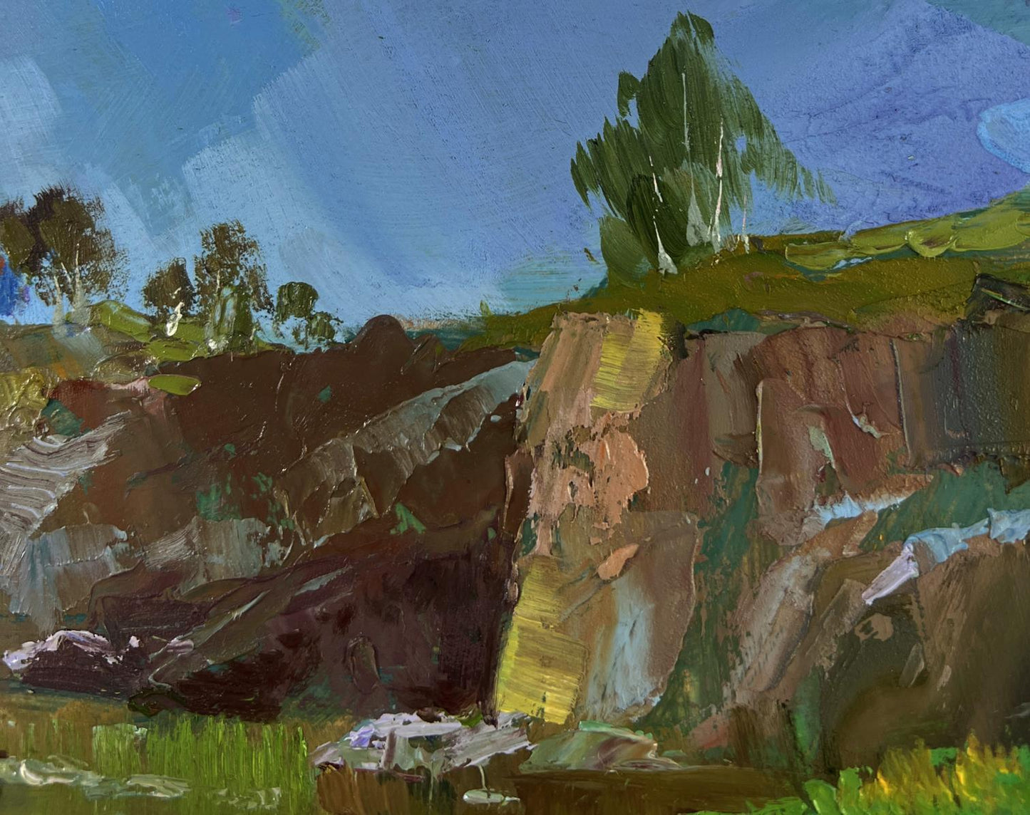 Oil painting of river flowing through rocky cliffs by Yuriy Suprunchuk