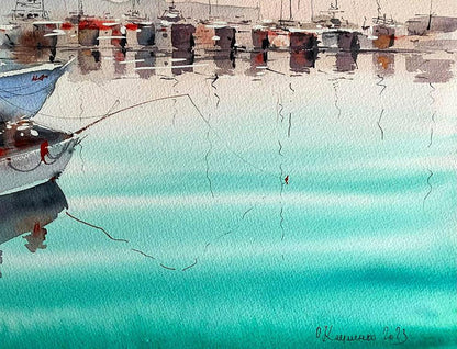 Watercolor painting Dock with Boats Olena Klimenko