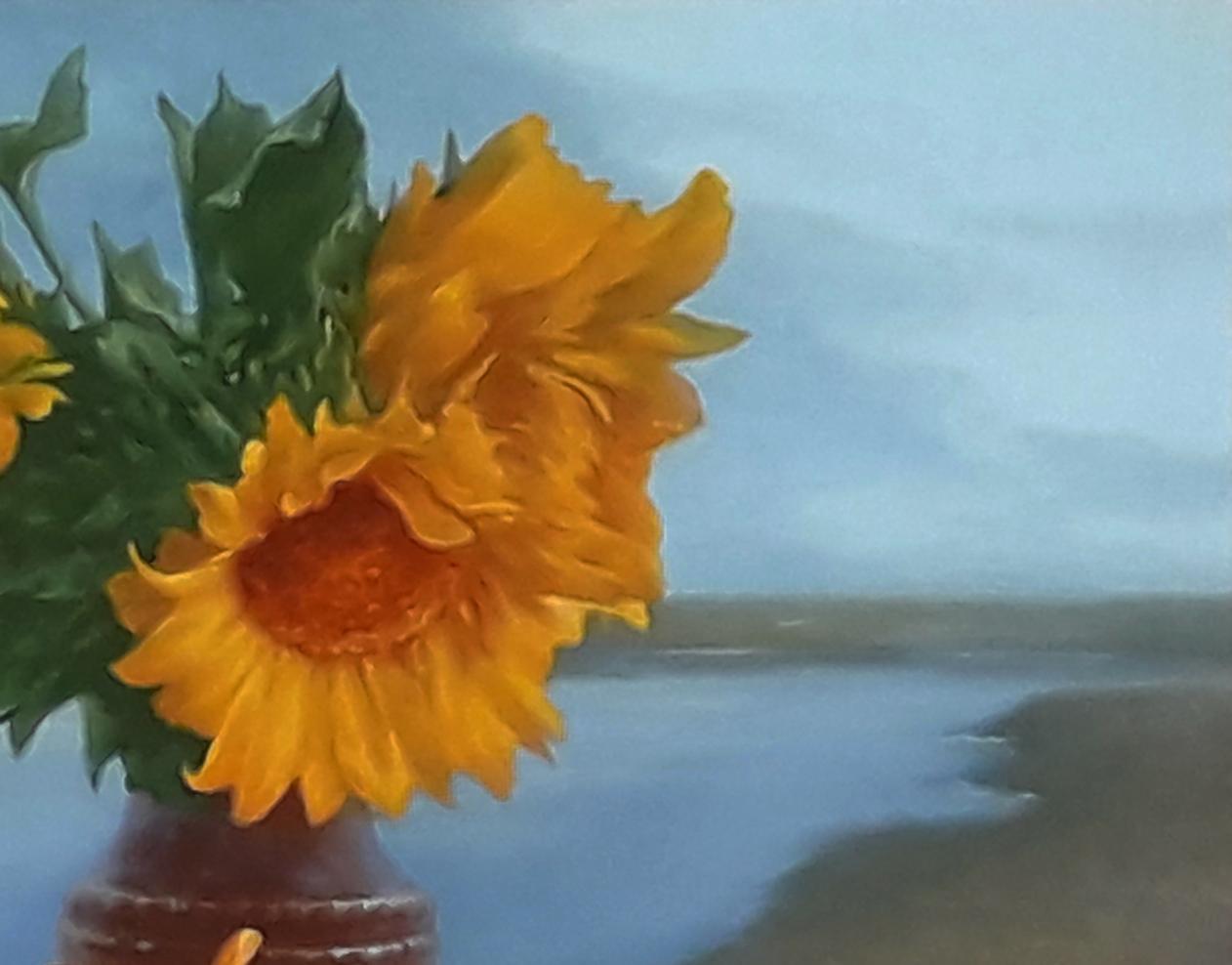 Oil painting of vibrant yellow sunflowers bouquet by Vasily Korkishko