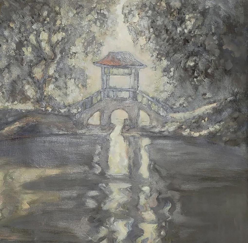 Serene oil painting of Chinese pavilion by Leonid Pavlenko