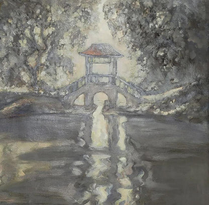 Serene oil painting of Chinese pavilion by Leonid Pavlenko
