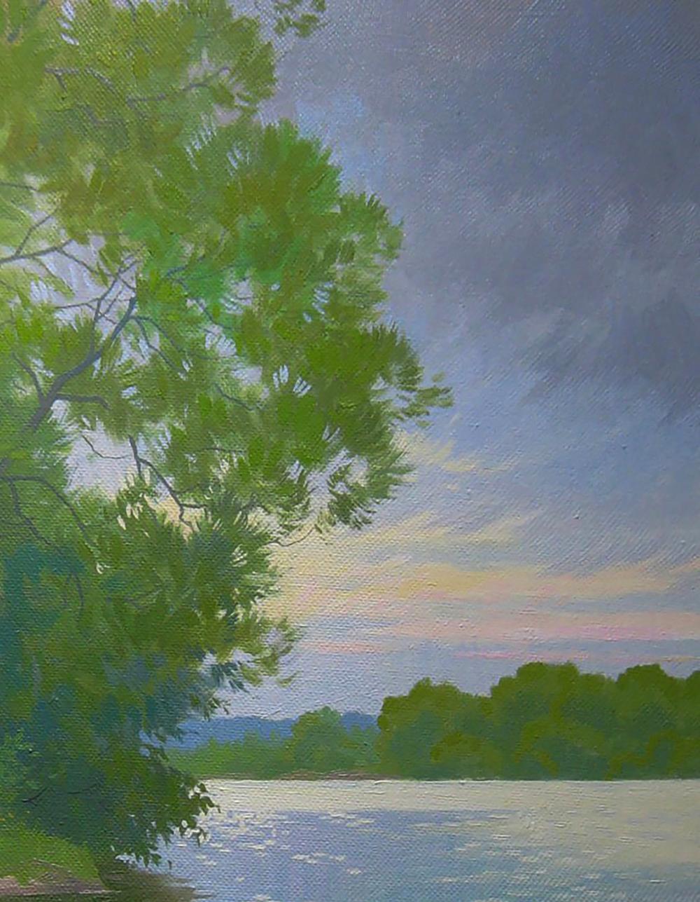 Serene oil painting by Valery Savenets: lush tree over summer river at twilight