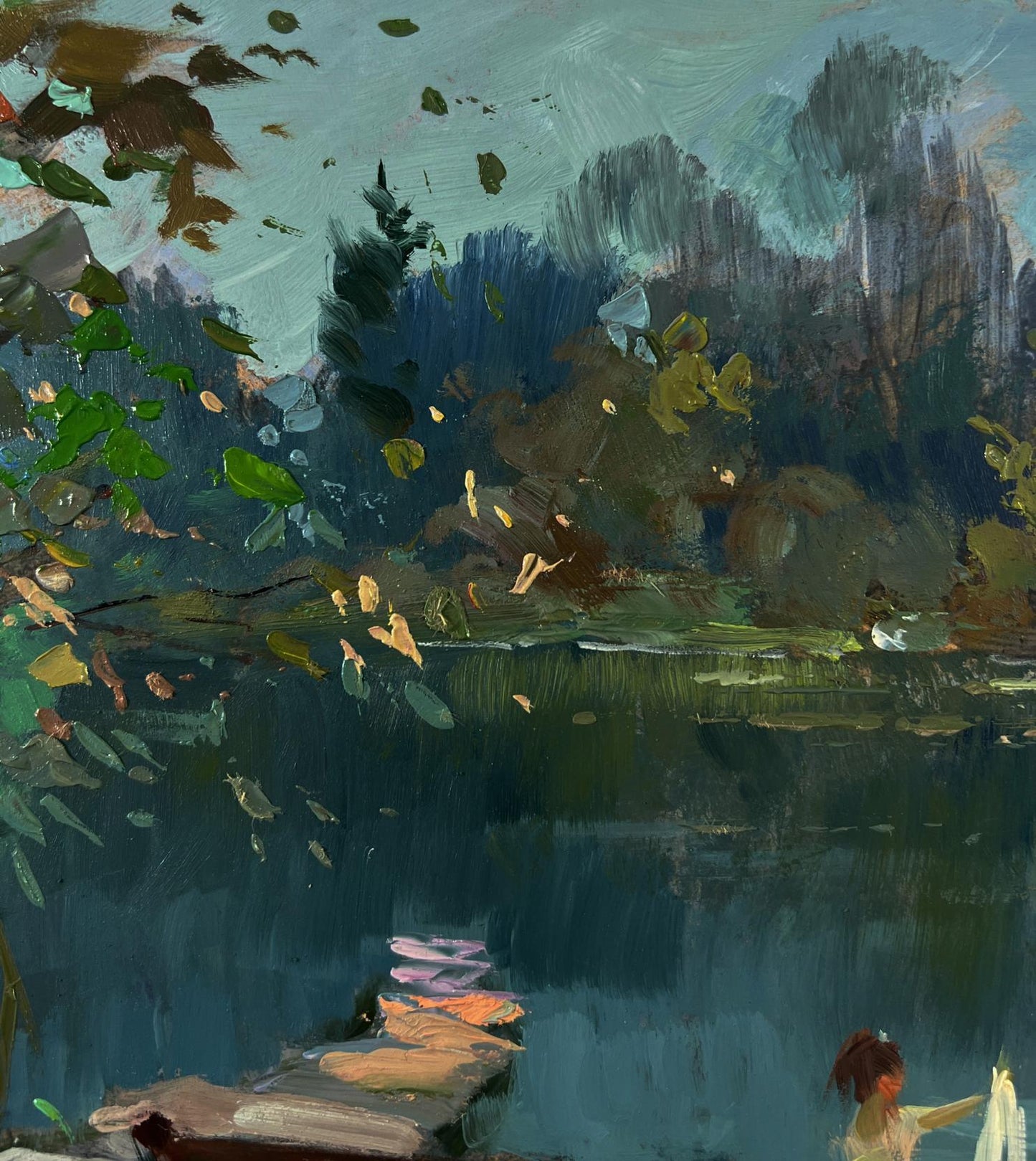Serene impressionistic oil painting by Yuriy Suprunchuk: girl on boat by tranquil lake
