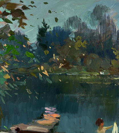 Serene impressionistic oil painting by Yuriy Suprunchuk: girl on boat by tranquil lake
