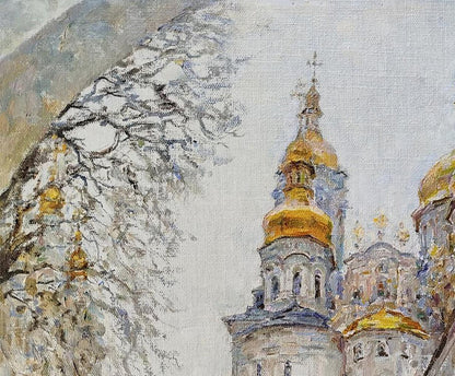 Oil painting Silver Day by Leonid Pavlenko: snowy church with golden domes