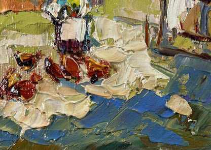 Oil painting Yard in August by Oksana Ivanyuk with textured brushstrokes