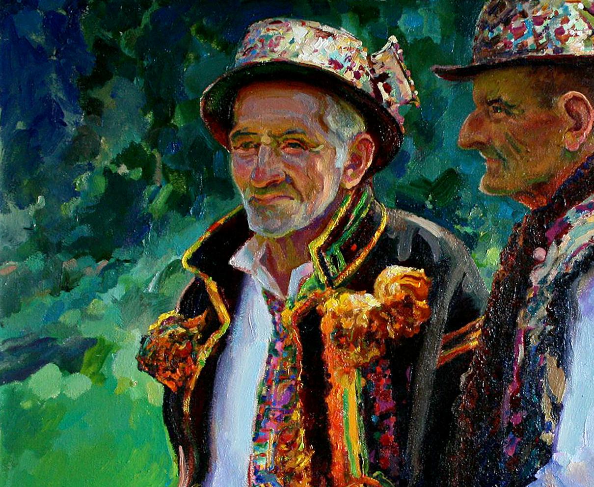 Vibrant floral hat with bow from Leonid Pavlenko Two Hutsuls oil painting