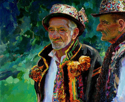 Vibrant floral hat with bow from Leonid Pavlenko Two Hutsuls oil painting
