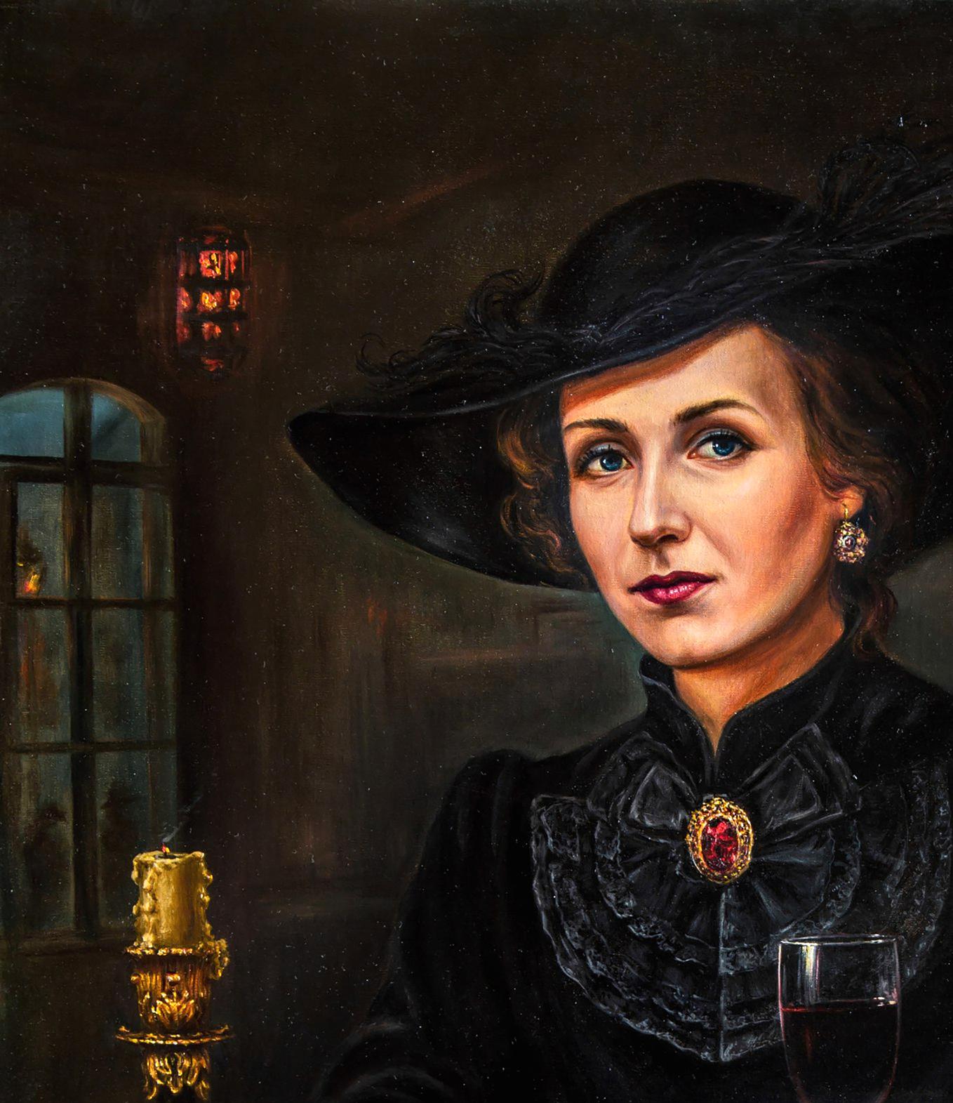 Elegant black velvet hat with feather trim in Valeriy Bulat oil painting