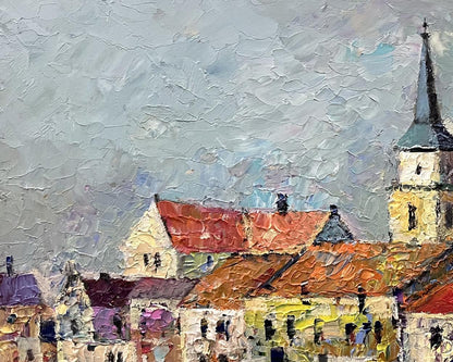 Textured impressionist oil painting by Serhiy Rybak: European town on water with red roofs