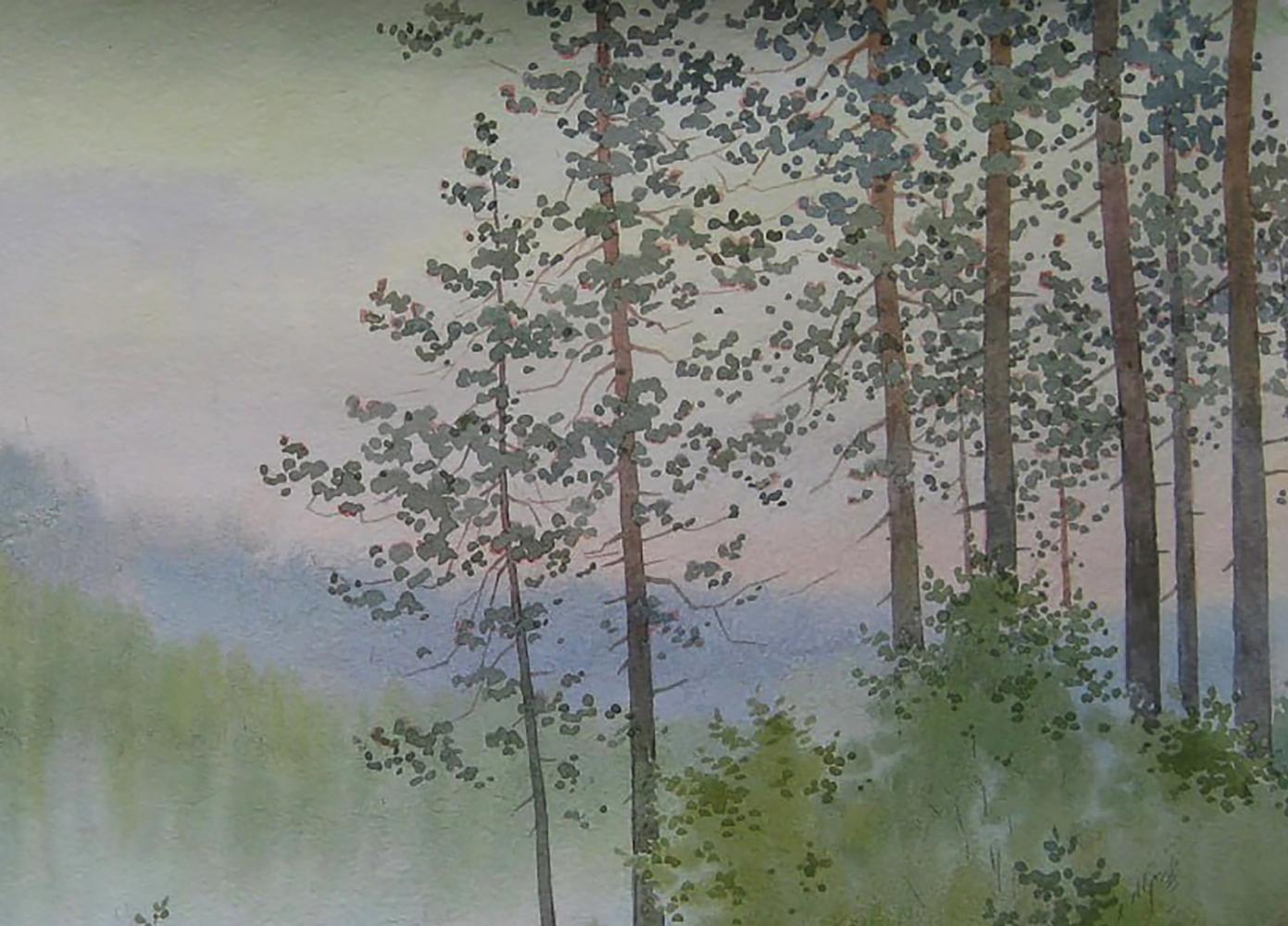 Watercolor painting Morning on the river by Valery Savenets with pine trees