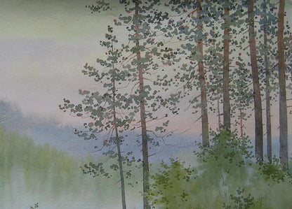 Watercolor painting Morning on the river by Valery Savenets with pine trees