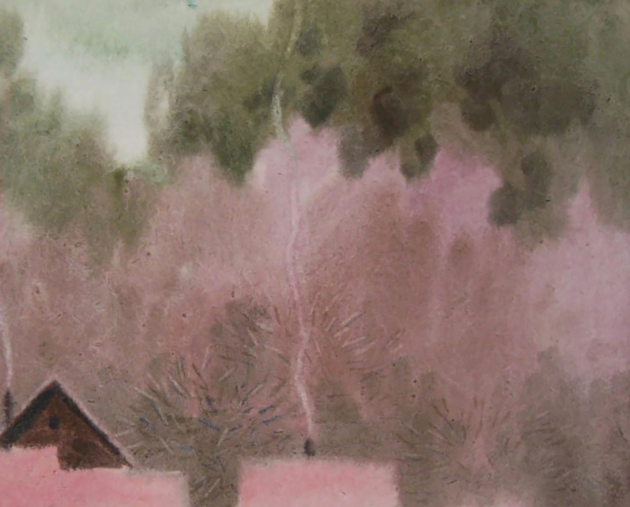 Watercolor painting of winter evening landscape with pink blossoms by Valery Savenets