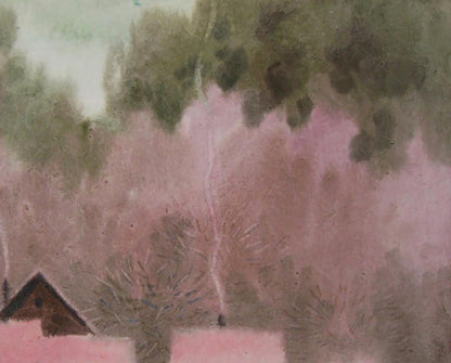 Watercolor painting of winter evening landscape with pink blossoms by Valery Savenets