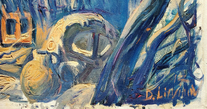 Oil painting Winter in the village by Daniil Litvinov, abstracted car in blues and ochres