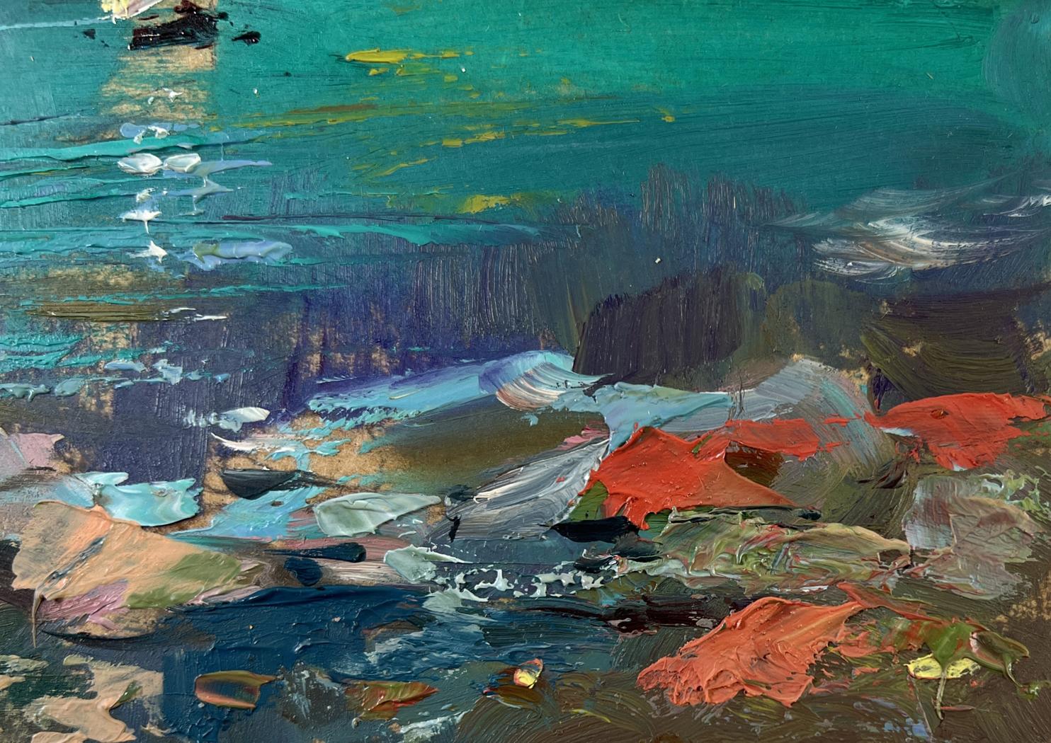 Vibrant sailboat at sea oil painting by Yuriy Suprunchuk in teal and orange impasto