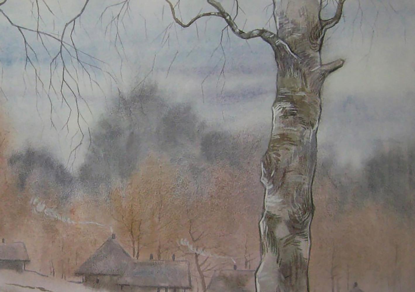 Tall birch tree in watercolor snow village painting by Valery Savenets