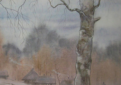 Tall birch tree in watercolor snow village painting by Valery Savenets