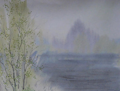 Watercolor painting Spring river fog by Valery Savenets misty mountains lake