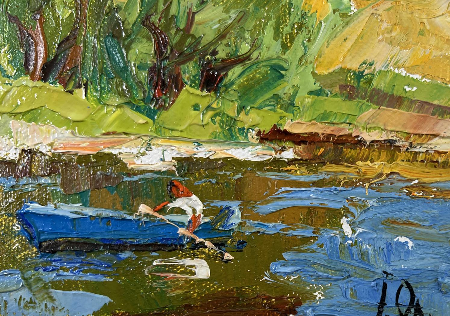Vibrant blue rowboat with person in white gliding on pond, willows by Oleksiy Ivanyuk oil painting