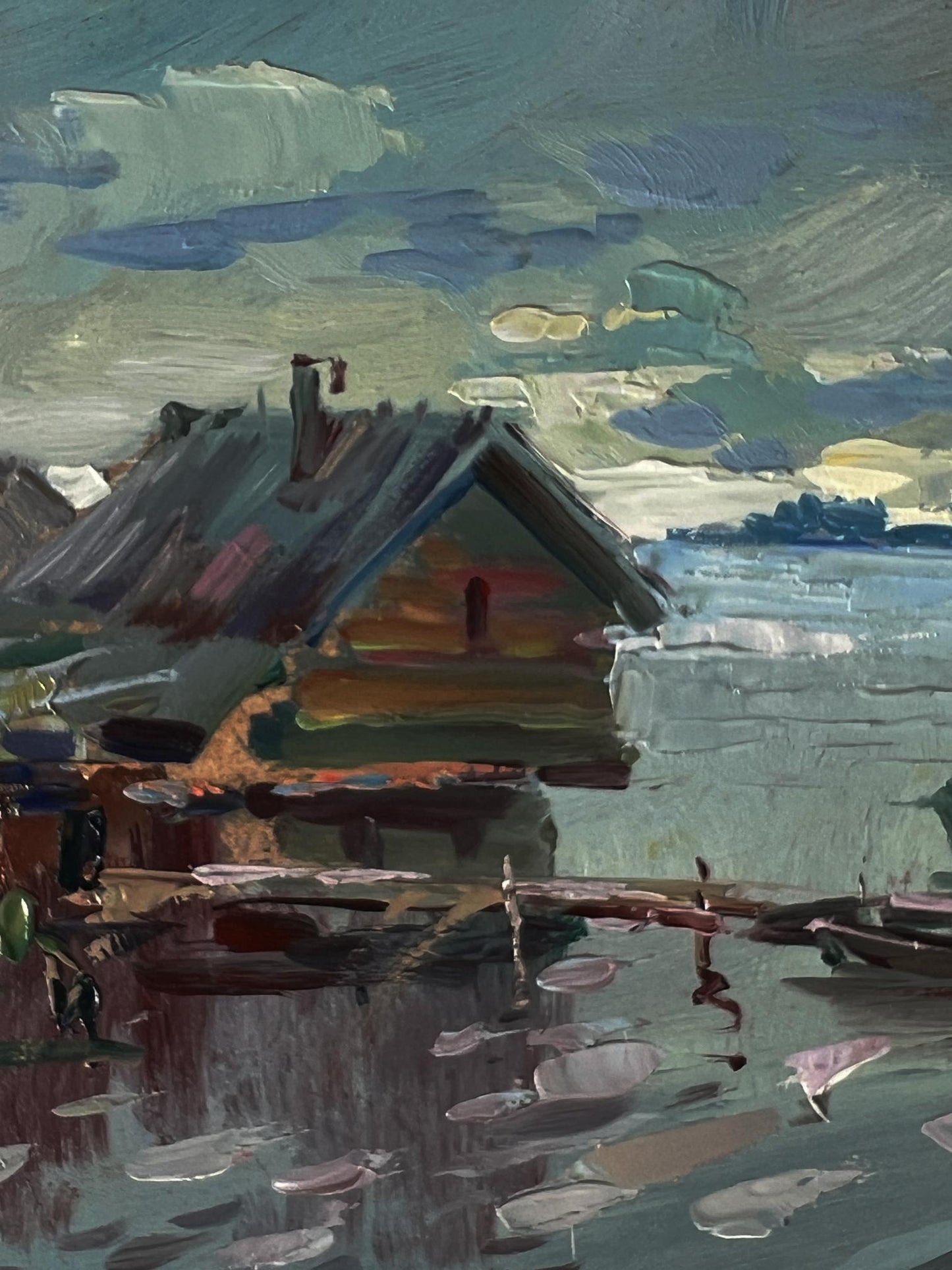 Impressionistic oil painting by Yuriy Suprunchuk of rustic house on water