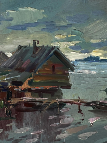 Impressionistic oil painting by Yuriy Suprunchuk of rustic house on water