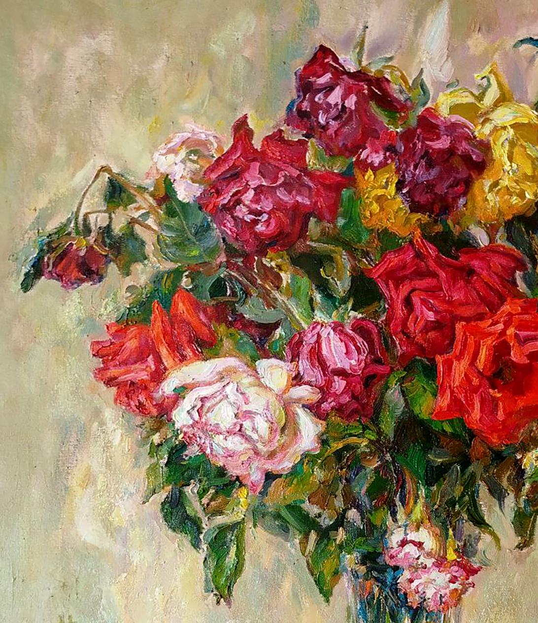 Oil painting Roses by Leonid Pavlenko: vibrant red, pink, yellow roses
