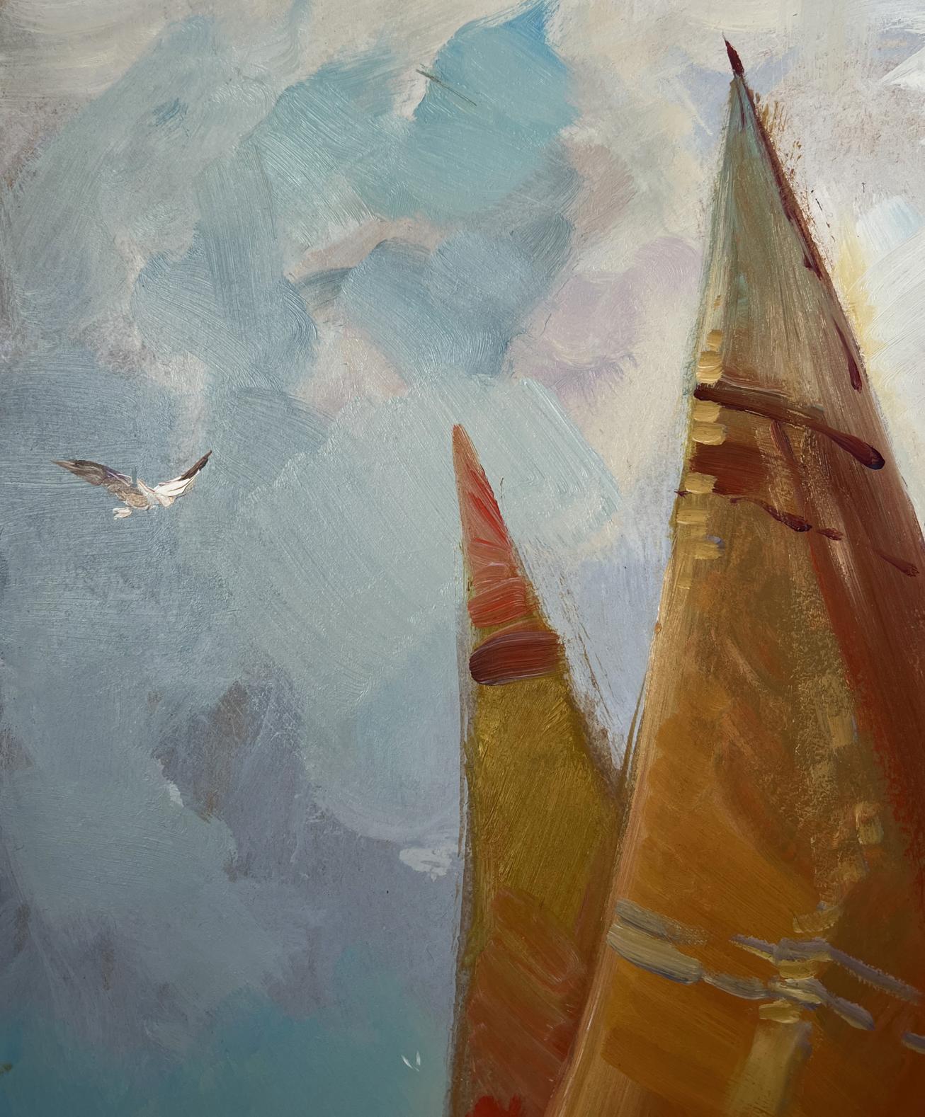 Oil painting of lonely sailboats in waves by Yuriy Suprunchuk