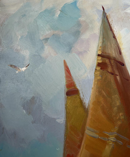 Oil painting of lonely sailboats in waves by Yuriy Suprunchuk