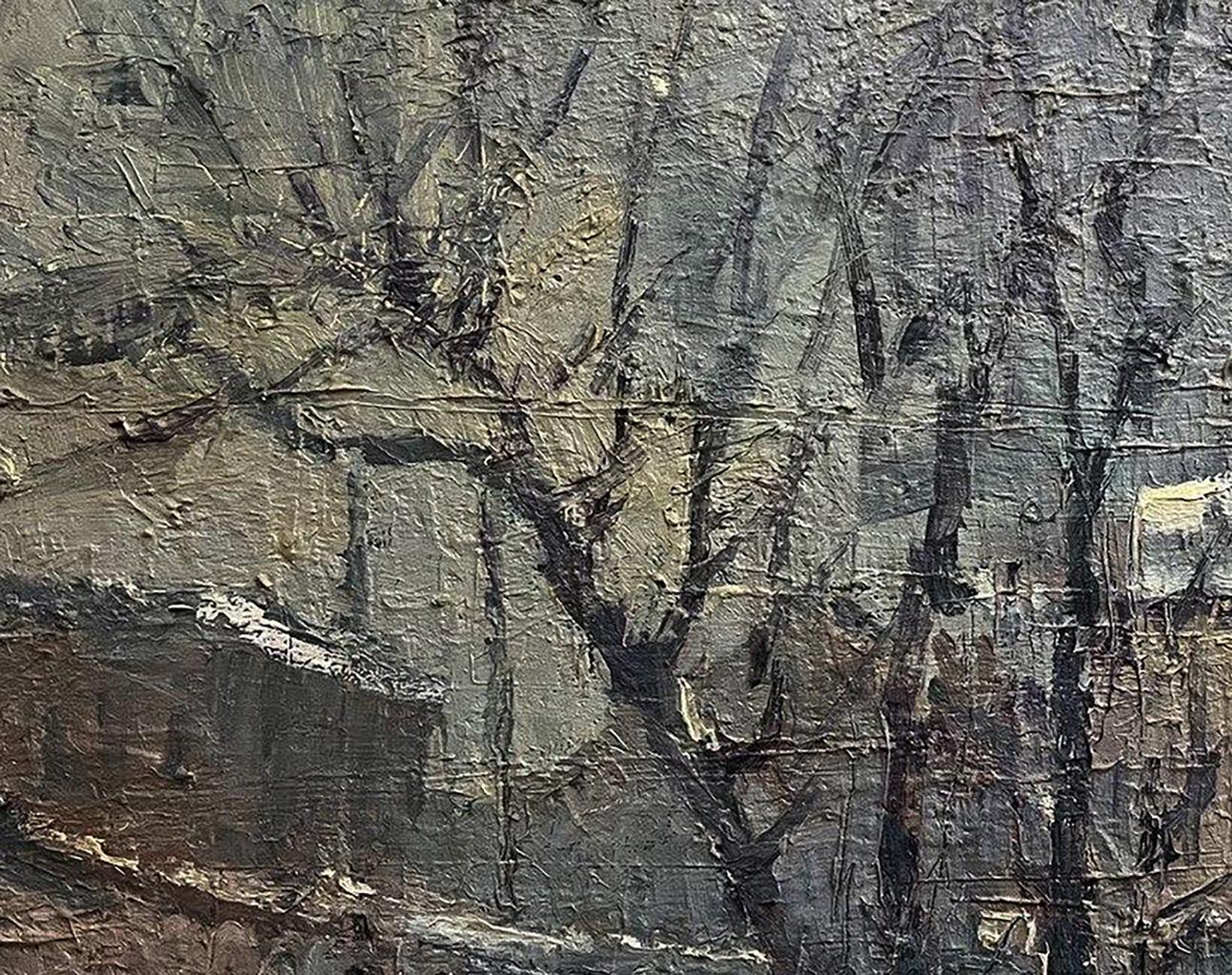 Textured oil painting To the River by Volodymyr Pashchenko, bare trees and buildings