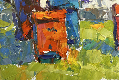 Vibrant orange and blue backyard moments oil painting by Oksana Ivanyuk