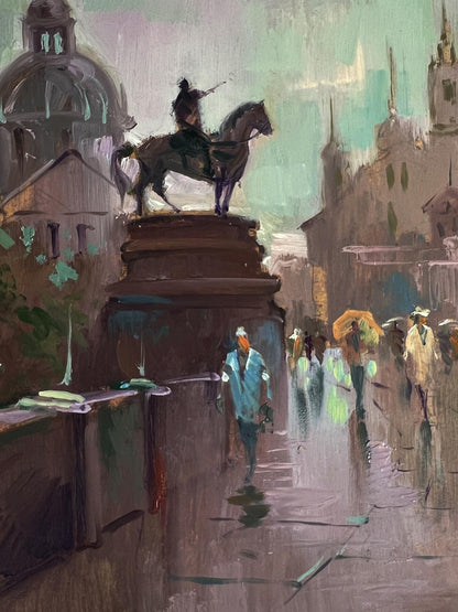 Oil painting of dark equestrian statue in Yuriy Suprunchuk city square