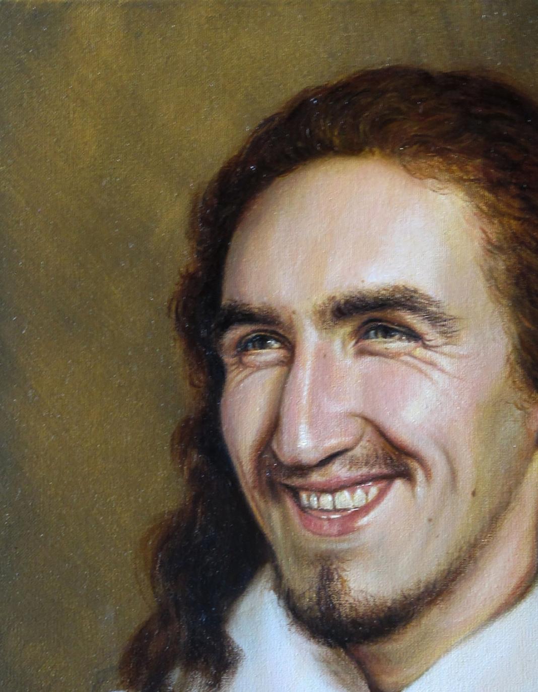 Oil painting Fun time Valeriy Bulat portrait of smiling man with long curly hair
