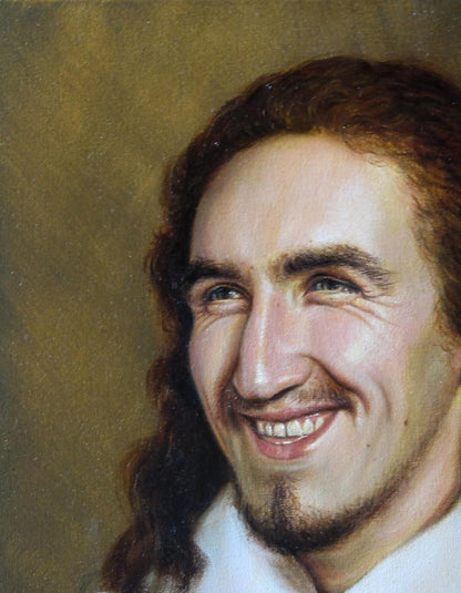 Oil painting Fun time Valeriy Bulat portrait of smiling man with long curly hair