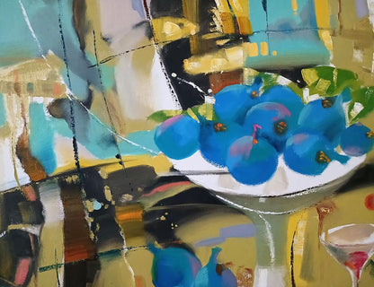 Abstract oil painting Sweet Still Life by Anatoly Tarabanov: blue berries in bowl