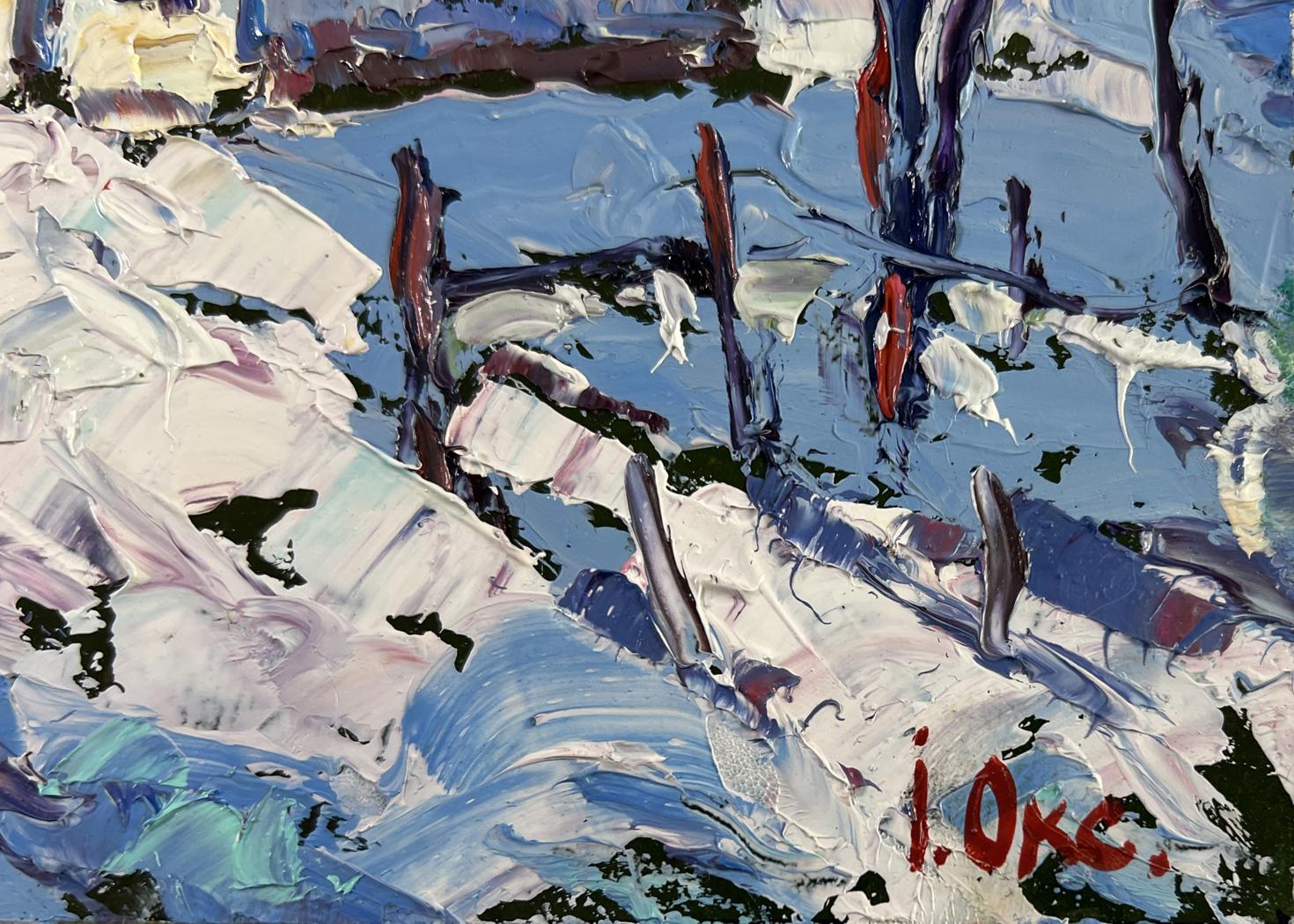 Oil painting The house sleeps in the snow by Oksana Ivanyuk with textured white blue red strokes