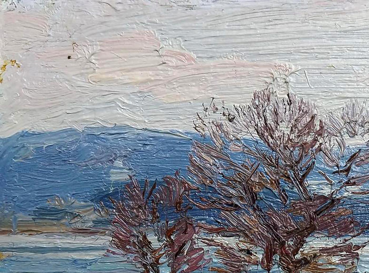 Oil painting The snow is melting by Yury Konovalov: reddish-brown trees, pink-white sky