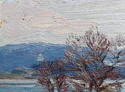 Oil painting The snow is melting by Yury Konovalov: reddish-brown trees, pink-white sky