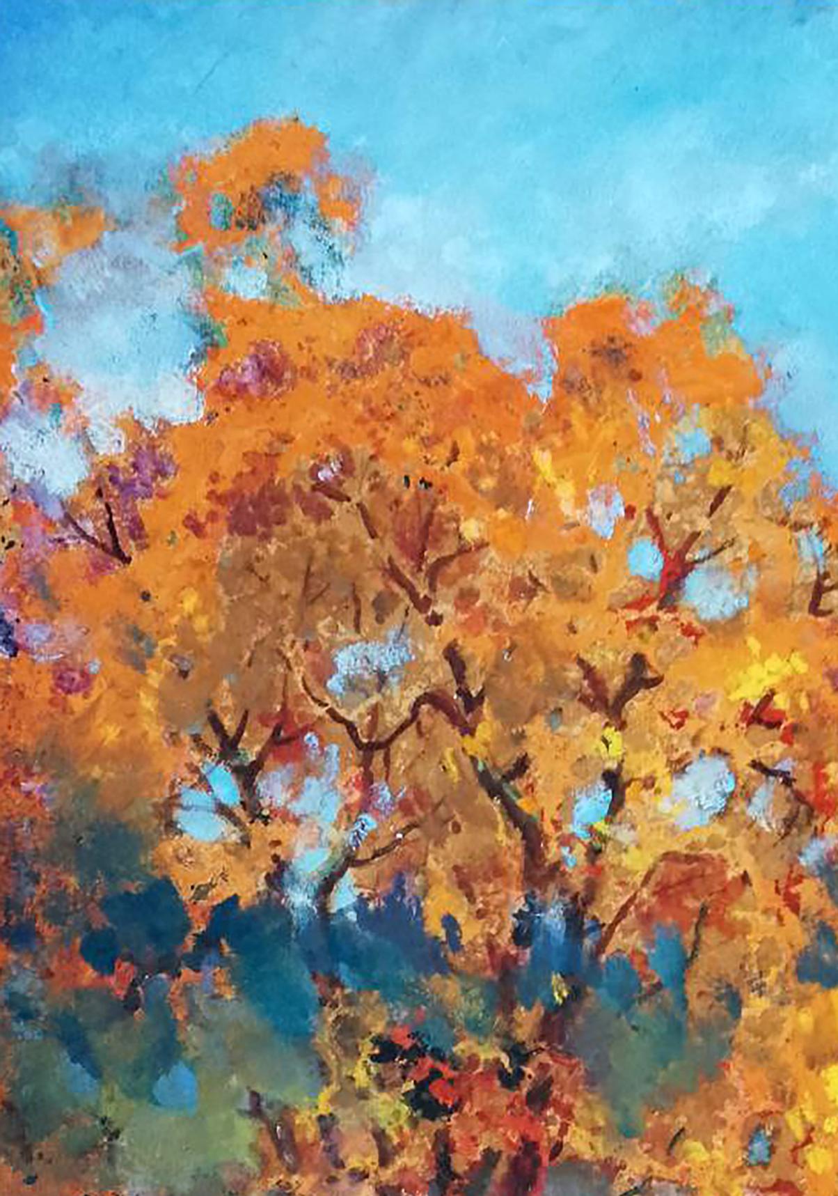 Oil painting Yellowed tree by Vitaly Duhnevich: vibrant autumn trees with fiery orange and golden leaves against soft blue sky