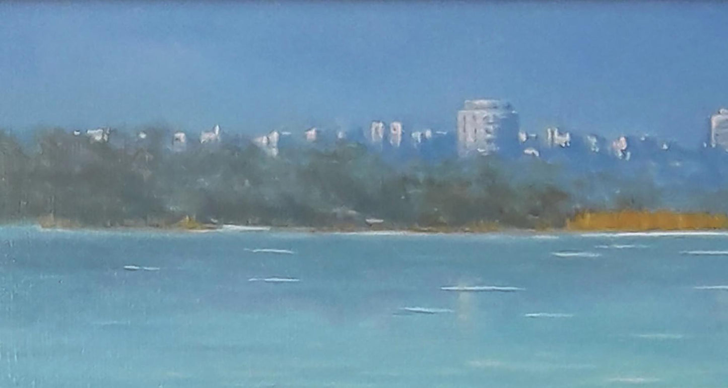 Oil painting by Vasily Korkishko of city skyline over calm blue water