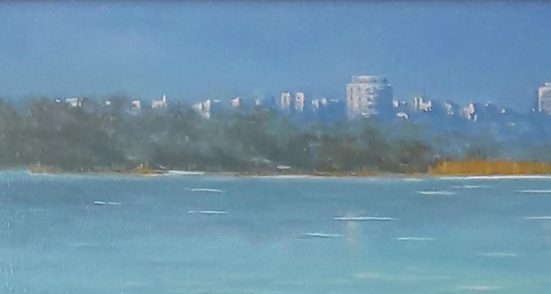 Oil painting by Vasily Korkishko of city skyline over calm blue water