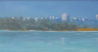 Oil painting by Vasily Korkishko of city skyline over calm blue water