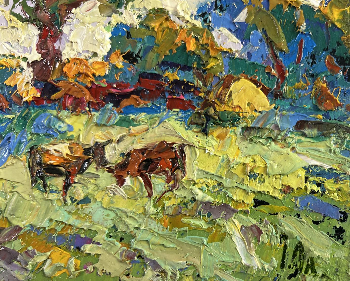 Vibrant impressionist oil painting of cows grazing by Oleksiy Ivanyuk