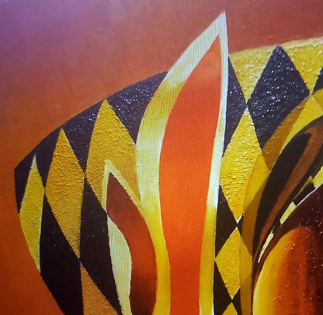Oil painting Harlequin by Alexander Strashevich with vibrant orange geometric shapes