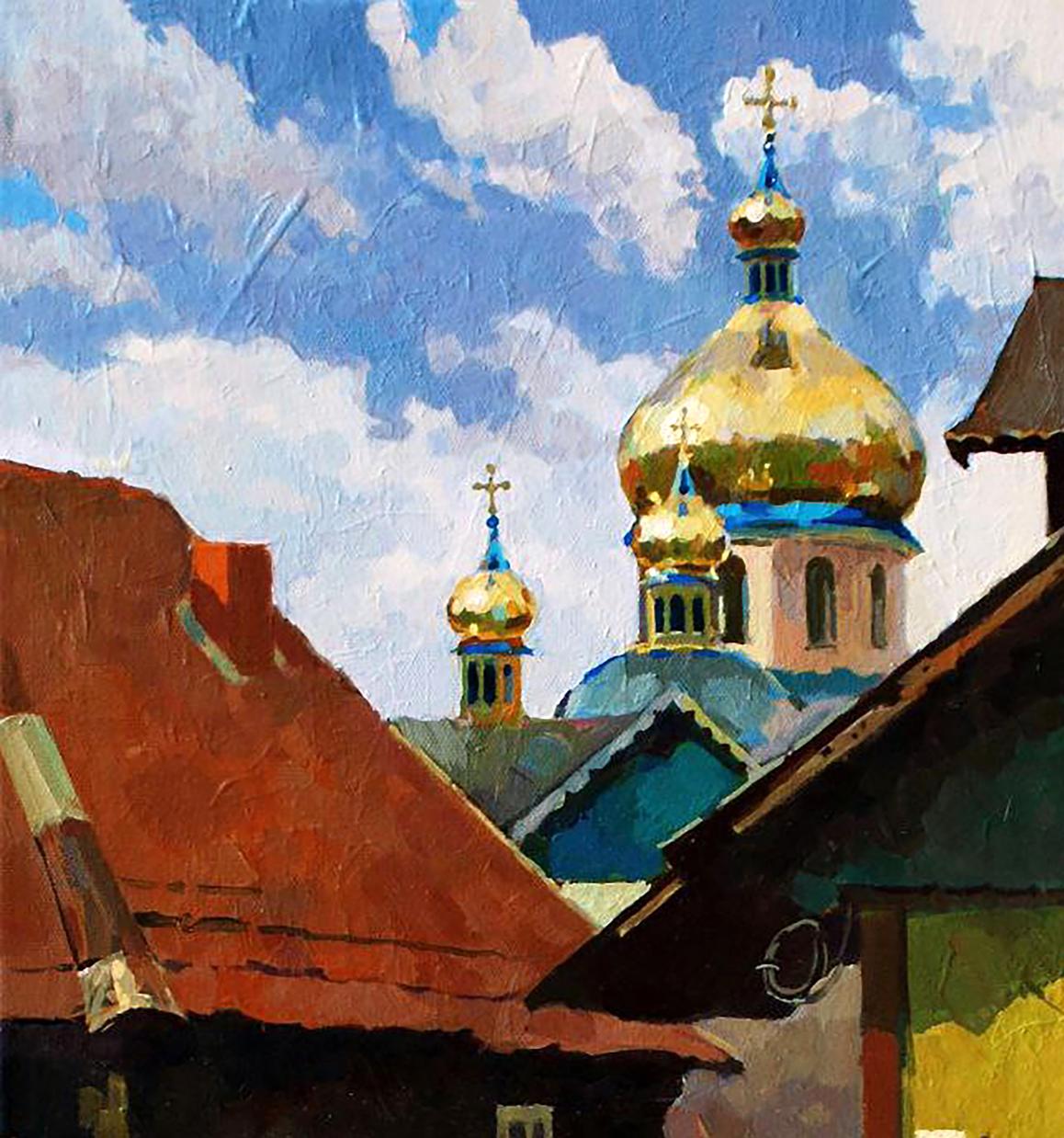 Oil painting of golden domed church spires above red rooftops by Anastasia Yaroshevich