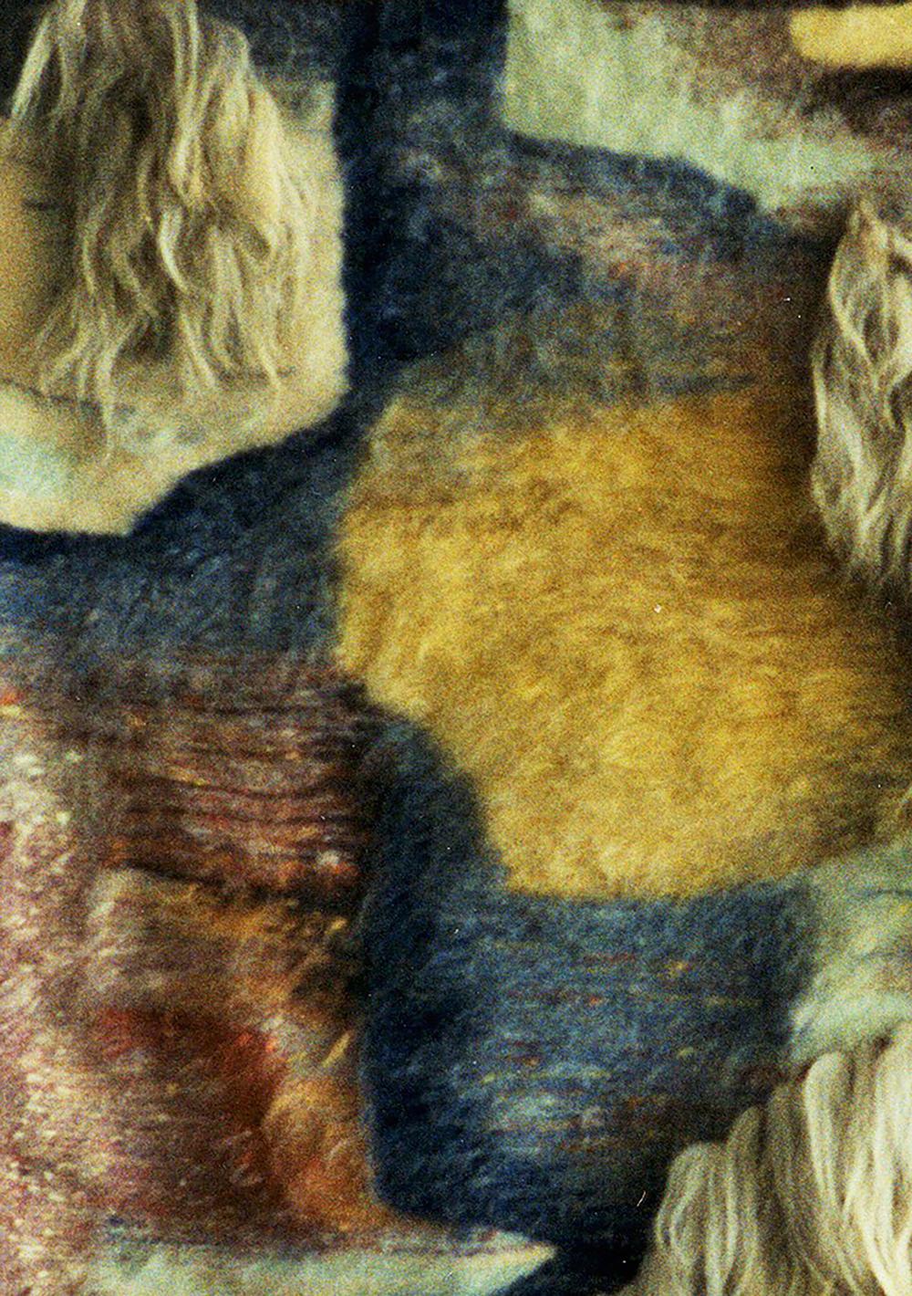 Handmade Autumn Night tapestry by Vasily Korkishko: blue wool and yellow felt patchwork