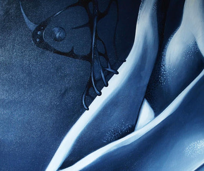 Dark blue textured oil painting Touching Bodies by Konsta G. Amelinn with black butterfly