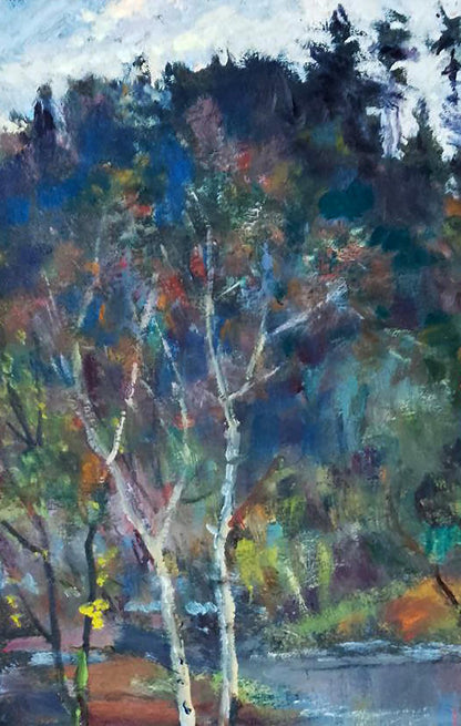 Vibrant impressionist oil painting of birch trees by Vitaly Duhnevich